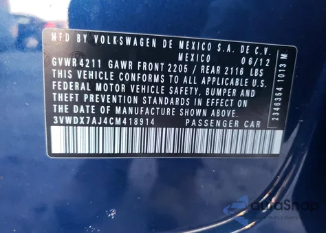 2012 Volkswagen Jetta Se from USA, damaged, VIN 3VWDX7AJ4CM418914